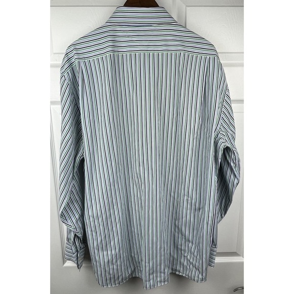 Tommy Hilfiger Shirt Mens 17.5 34/35 Green Blue Stripe Button Down Regular Fit - Picture 5 of 7
